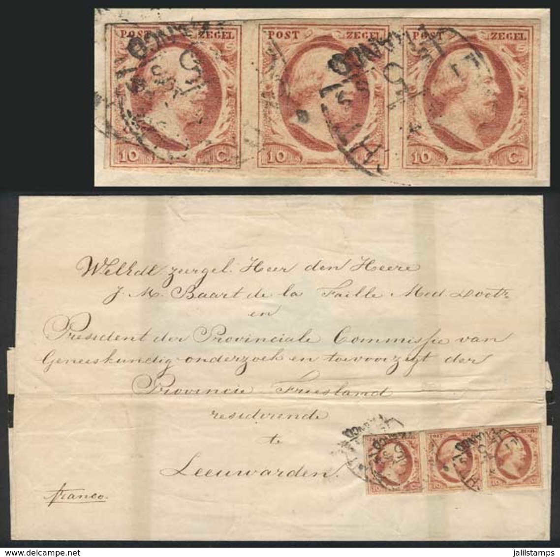 NETHERLANDS: Folded Cover Of A Mourning Letter Franked With 10c. Wilhelm III (Sc.2) STRIP OF 3, Used On 8/MAY/1859, VF Q - Otros & Sin Clasificación