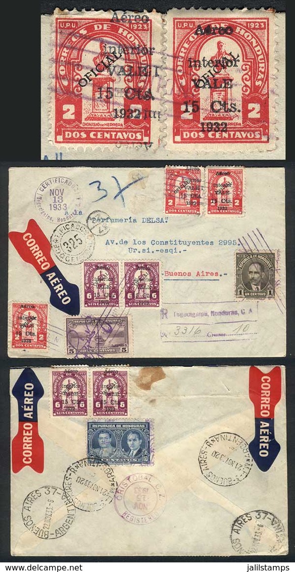 HONDURAS: Registered Air Mail Cover Sent To Argentina On 13/NO/1933, With Very Interesting Postage On Front And Reverse, - Honduras