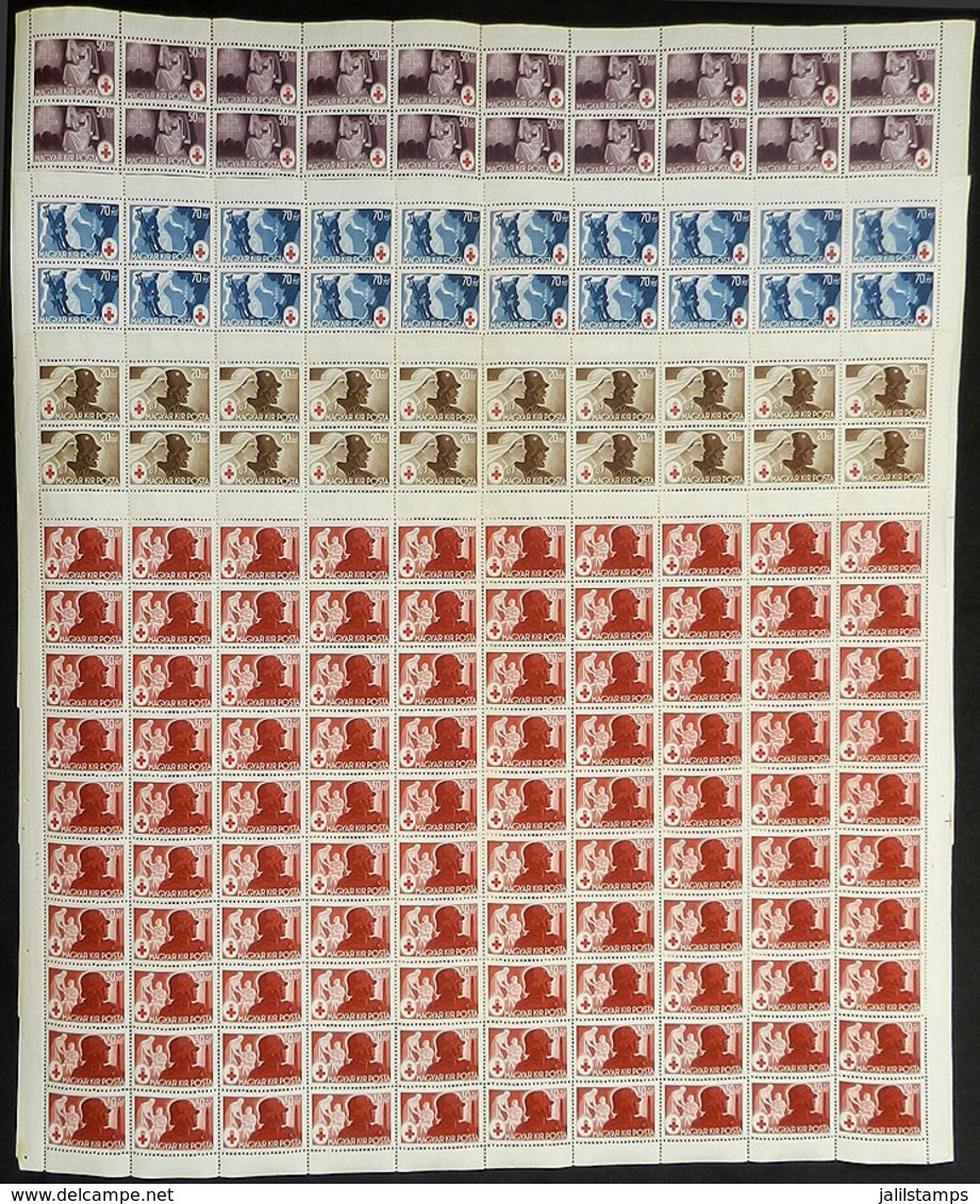 HUNGARY: Yvert 649/652, 1944 Red Cross, Cmpl. Set Of 4 Values On Complete Sheets Of 100 Stamps, MNH, VF Quality, Catalog - Andere & Zonder Classificatie