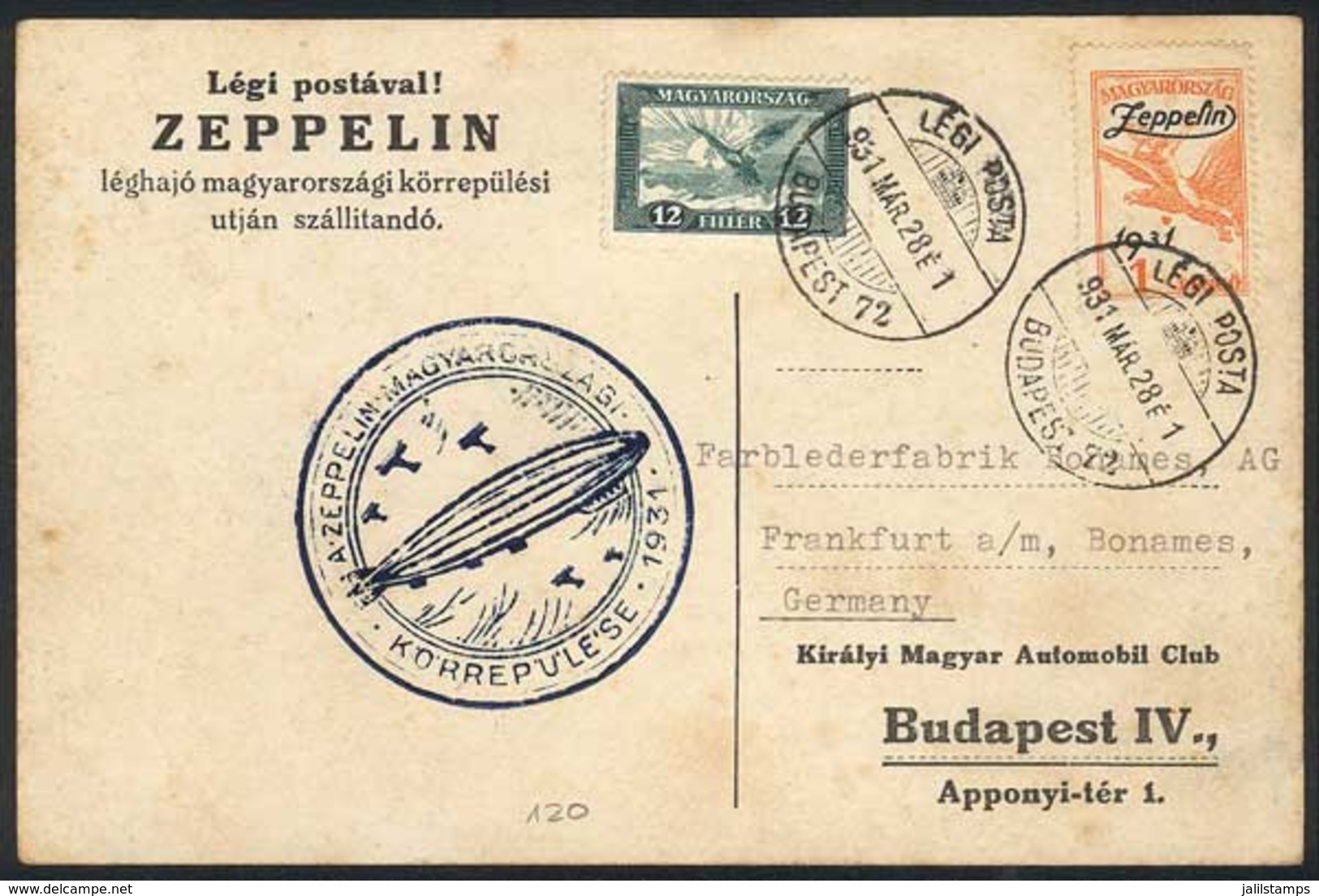 HUNGARY: Postcard Franked By Sc.C24, Flown By ZEPPELIN On 28/MAR/1931, Very Pretty! - Andere & Zonder Classificatie