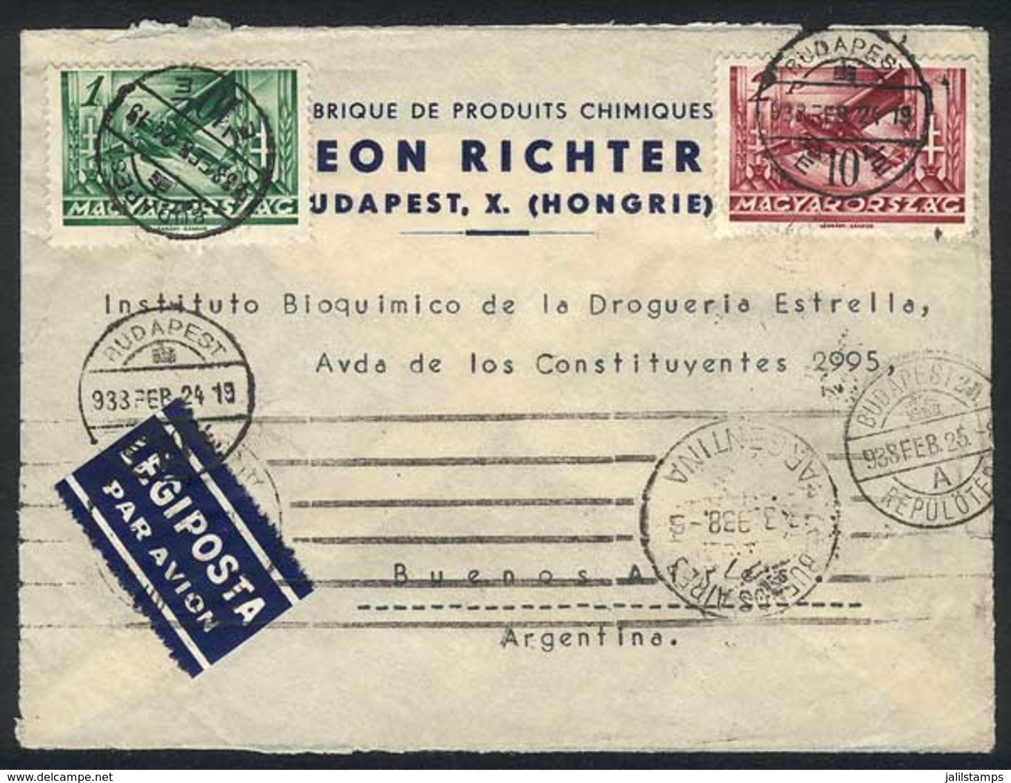 HUNGARY: Air Mail Cover Sent From Budapest To Argentina On 24/FE/1933 By Air France, Excellent Quality! - Andere & Zonder Classificatie
