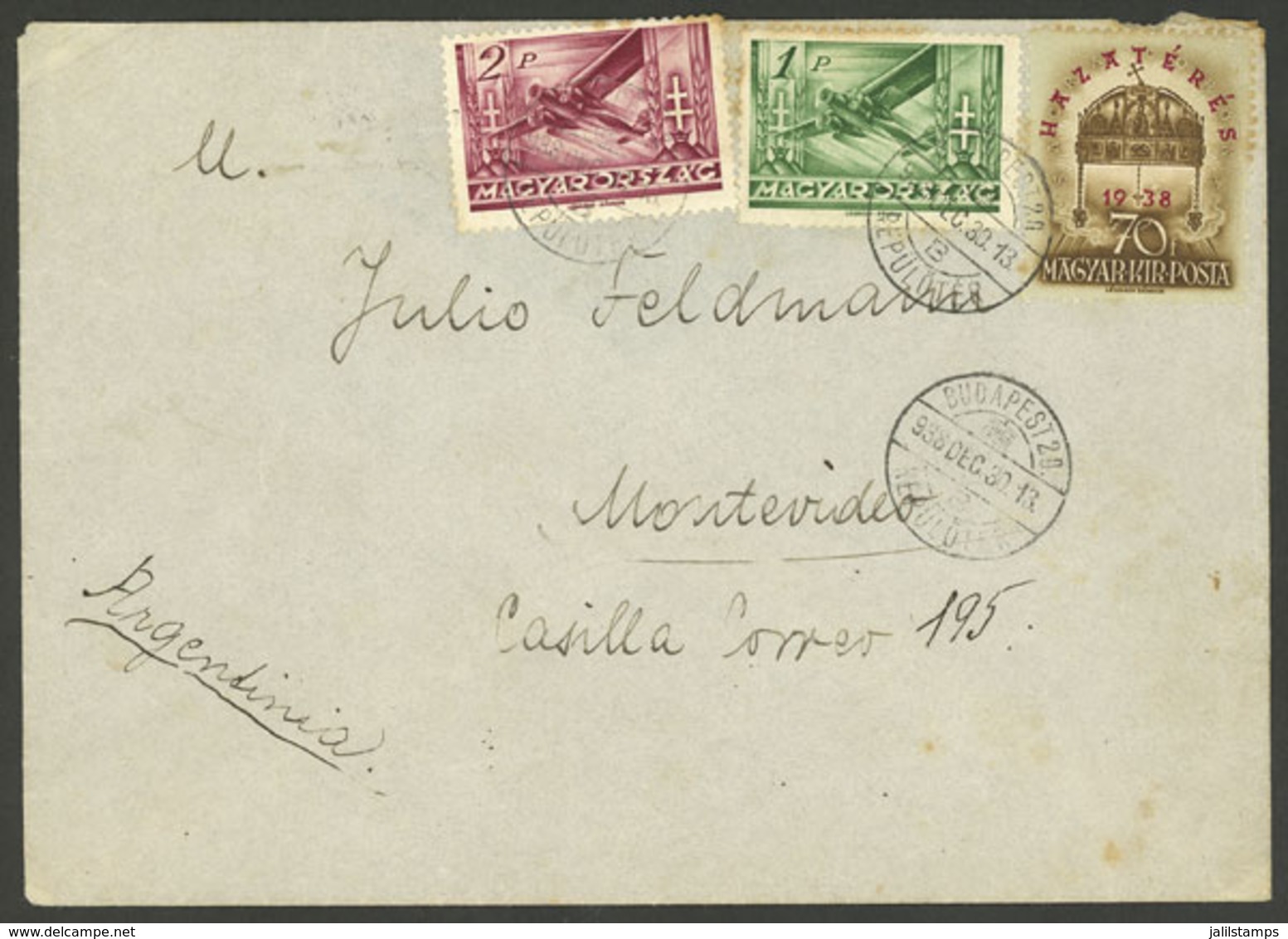 HUNGARY: Airmail Cover Sent From Budapest To Uruguay On 30/DE/1938, With Arrival Backstamp Of 8/JA/1939, Back Flap Missi - Andere & Zonder Classificatie
