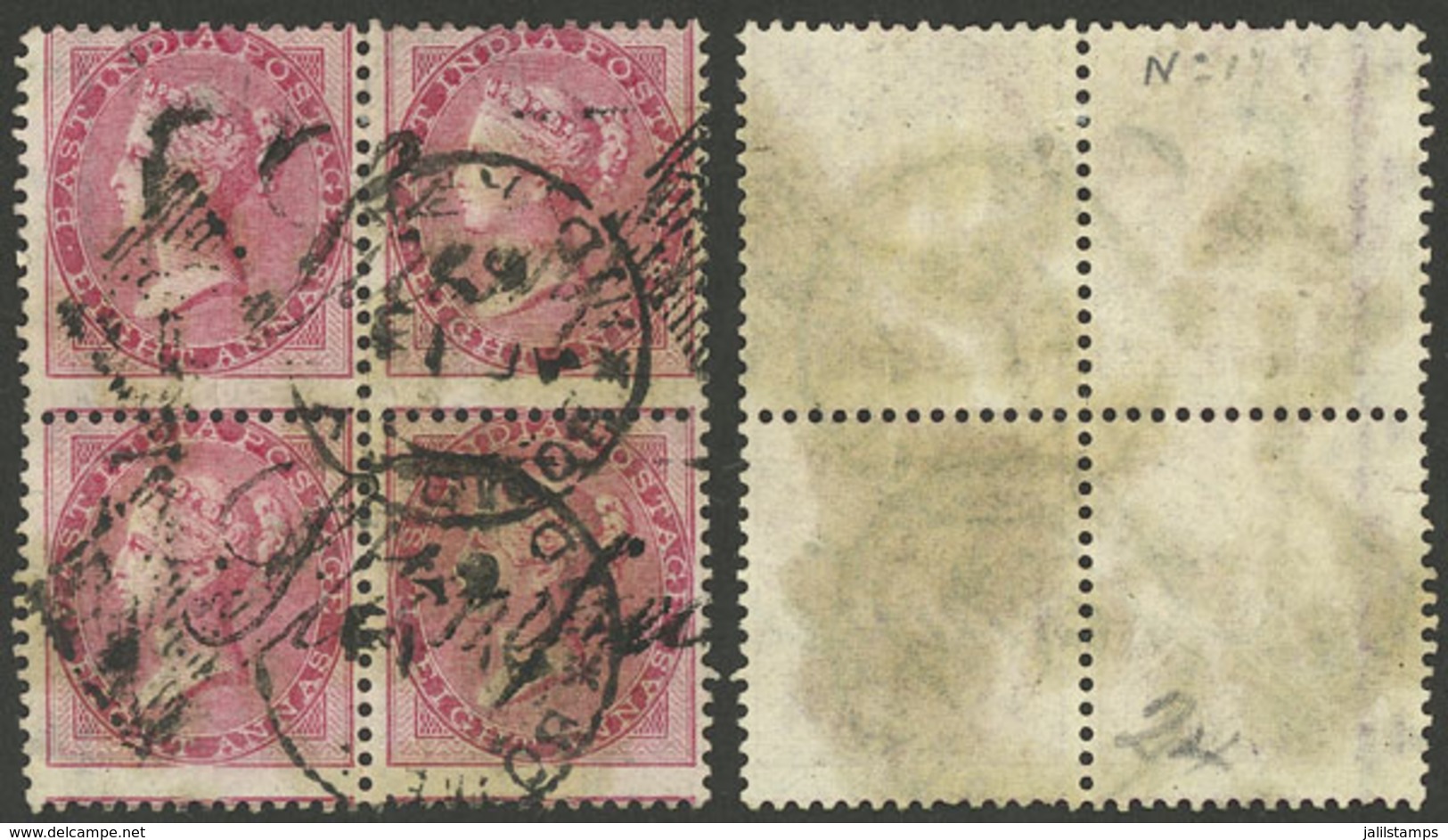 INDIA: Sc.25, 1865/7 8a. Rose, Beautiful Used Block Of 4 With Several Interesting Cancels, The Left Stamps With Vertical - Autres & Non Classés