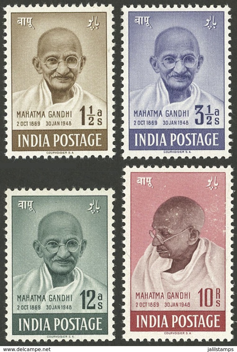 INDIA: Sc.203/206, 1948 Mahatma Gandhi, Cmpl Set Of 4 Values, Mint Lightly Hinged, The High Value With Minor Defects, Sm - Other & Unclassified