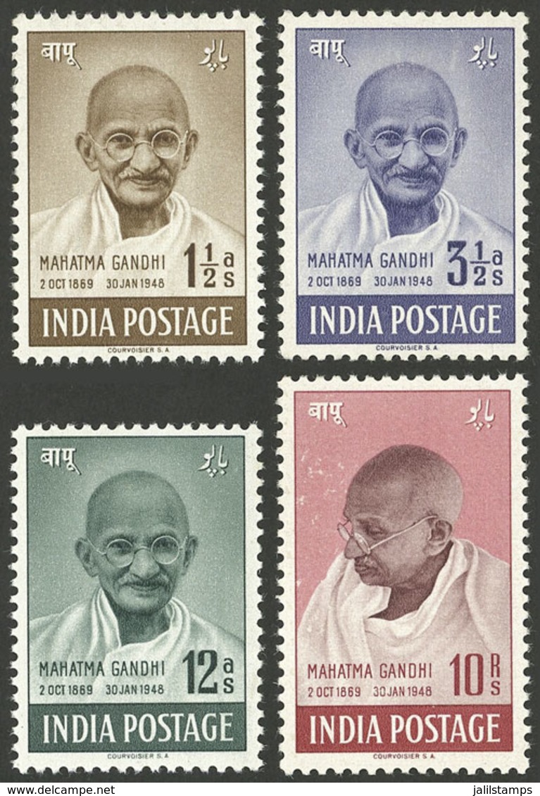 INDIA: Sc.203/206, 1948 Mahatma Gandhi, Cmpl Set Of 4 Values, Mint Lightly Hinged, The High Value With Minor Defects On  - Other & Unclassified