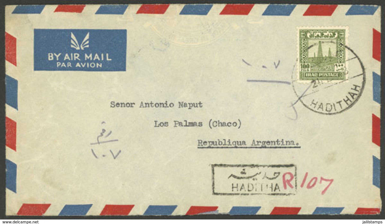 IRAQ: Registered Airmail Cover Sent From HADITHA To Argentina On 21/FE/1948 Franked With 100f., VF Quality, Rare Destina - Iraq