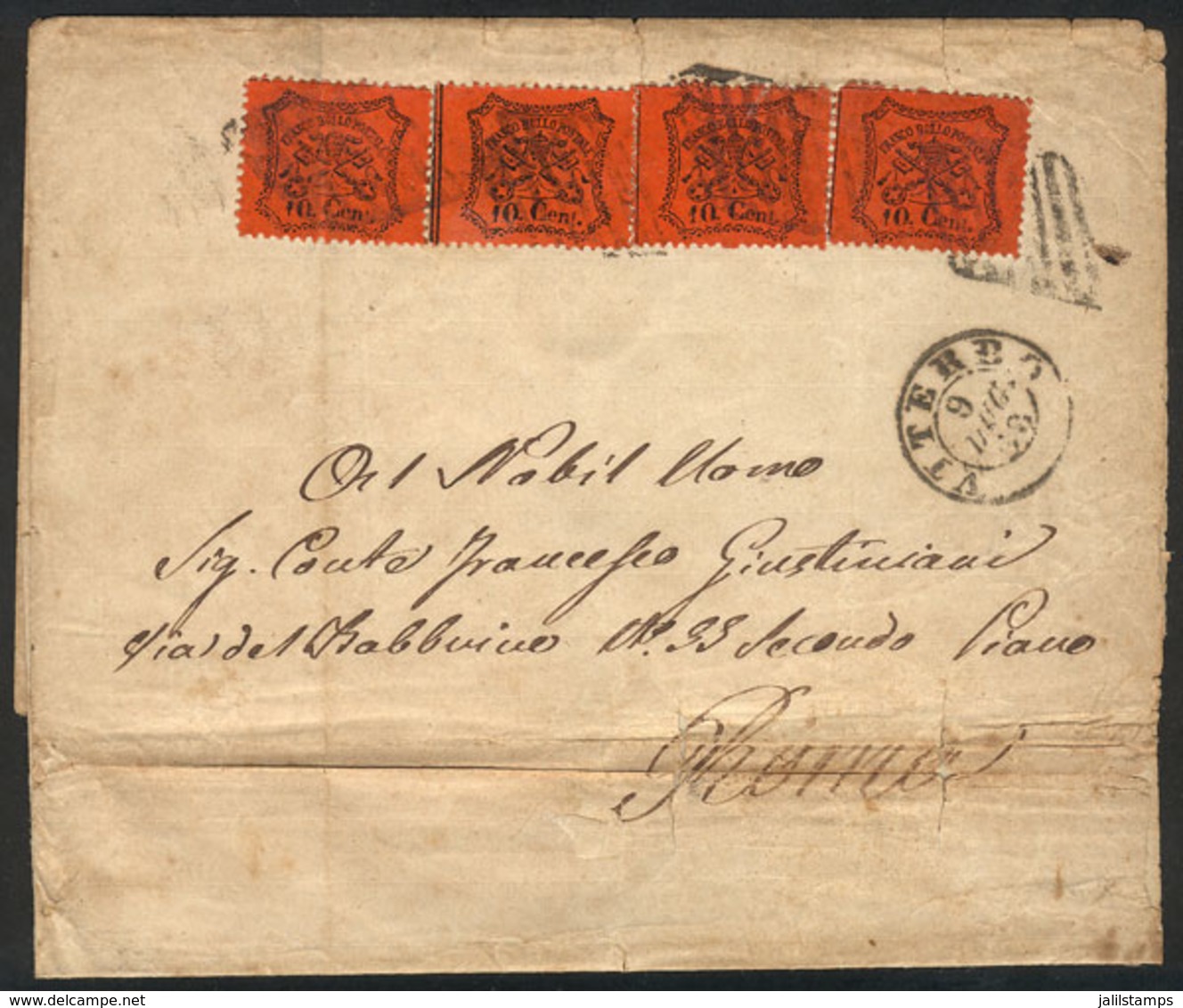ITALY: Folded Cover Sent From Viterbo To Roma On 9/JUL/1868, Franked With 4 Stamps Of 10c. Of Vatican States (Sc.22), Mi - Unclassified