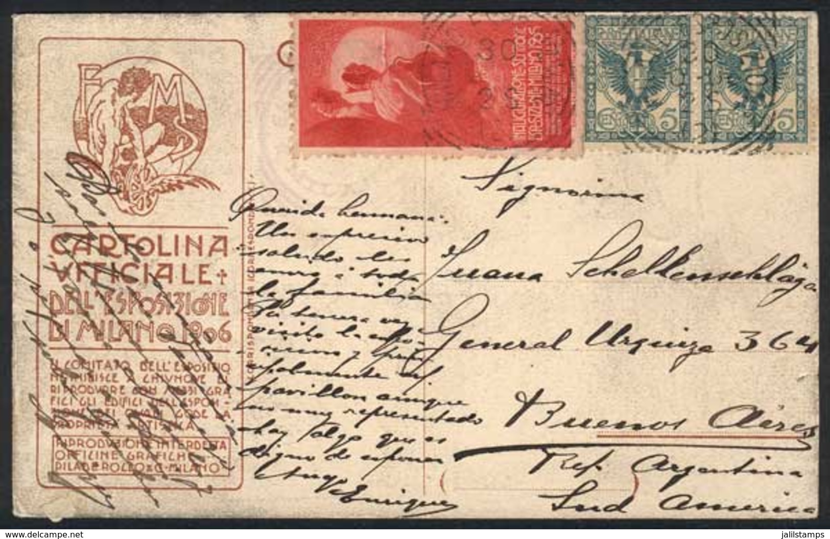ITALY: Official Postcard Of The "Esposizione Di Milano 1906, Padiglione Del Sud America", Franked With 5c. X2 + Cinderel - Unclassified