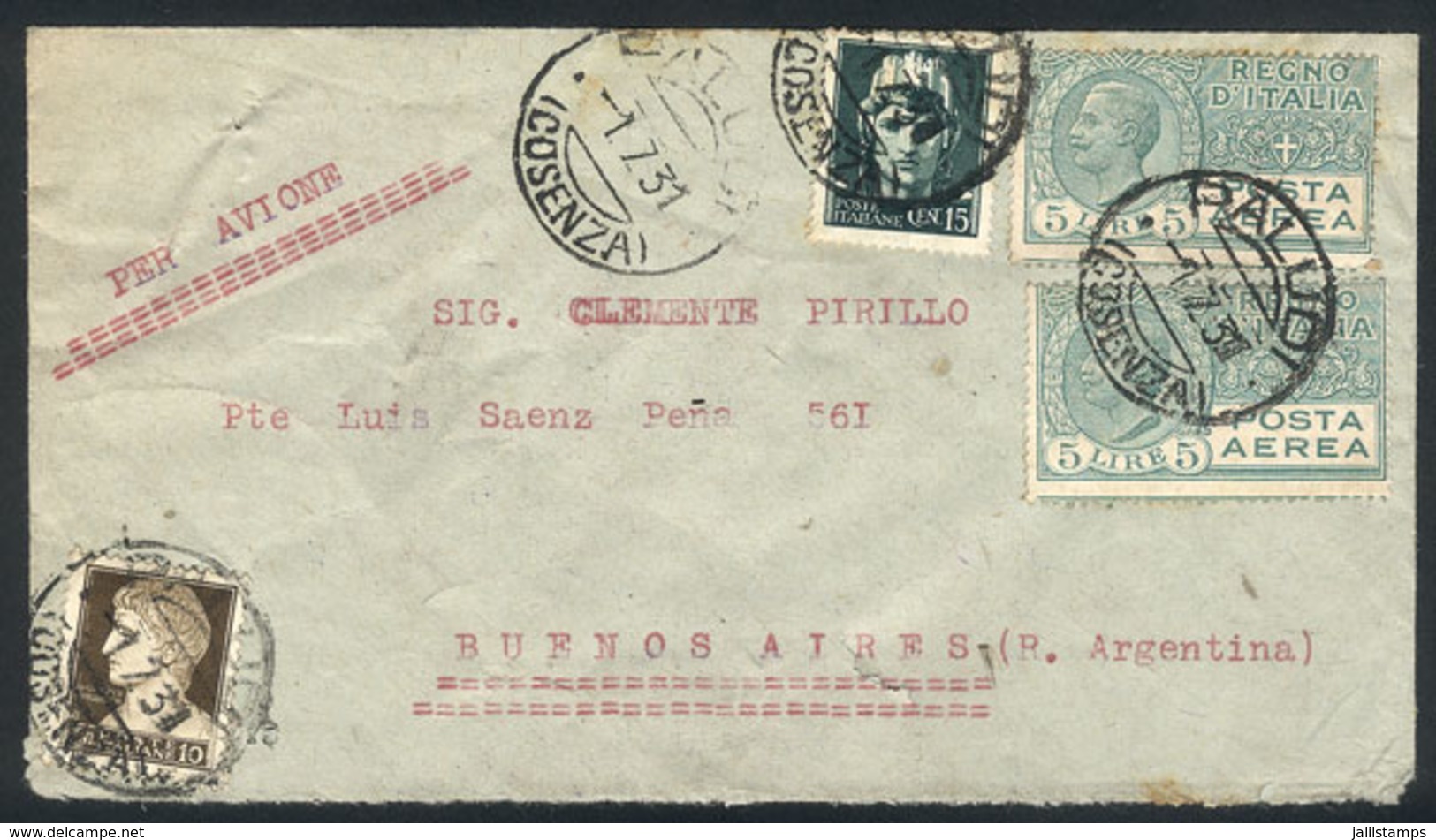 ITALY: Air Mail Cover Sent From Paludi To Argentina On 1/JUL/1931, Franked By Sc.C9 + Other Values, Fine Quality (cover  - Sin Clasificación