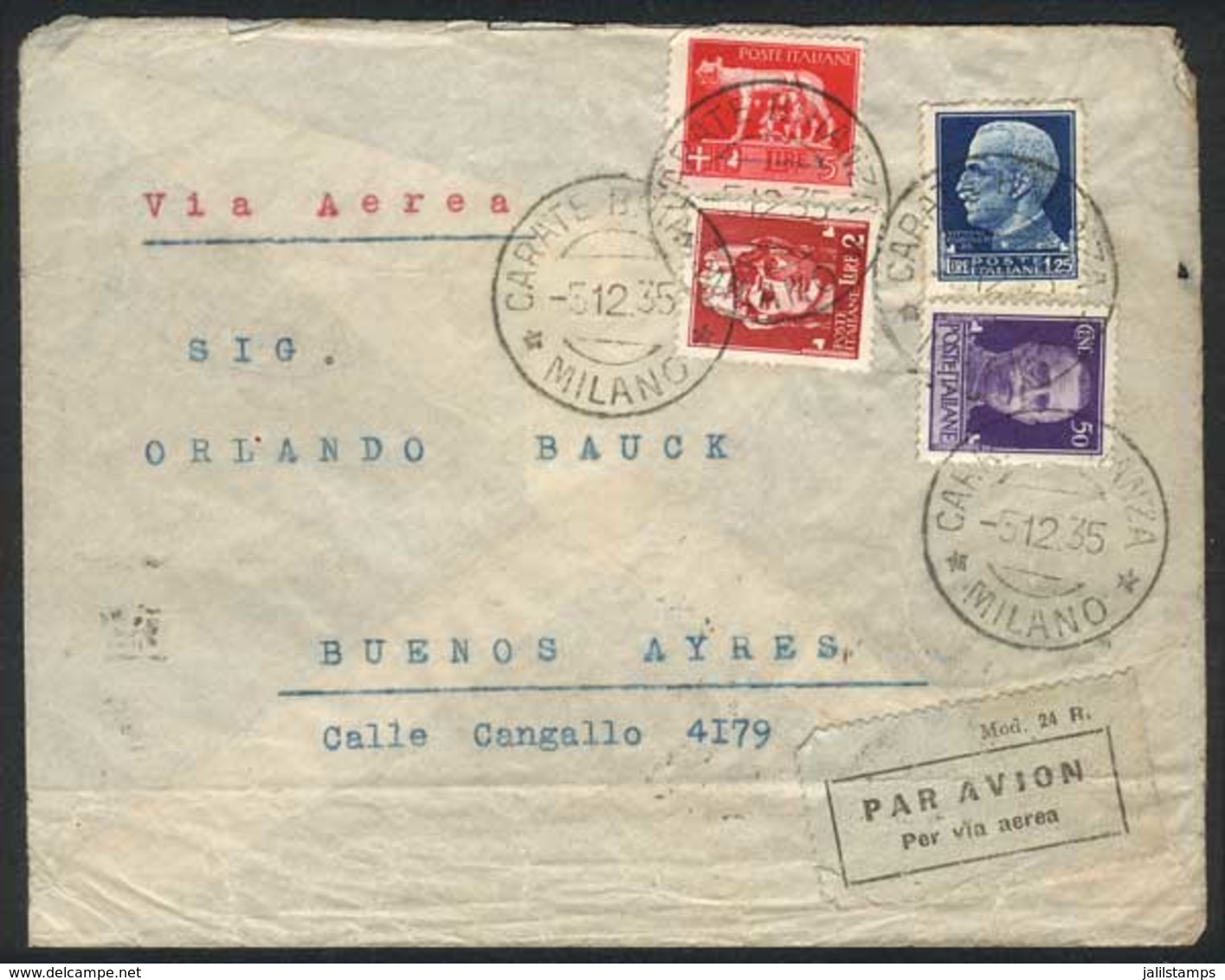 ITALY: Airmail Cover Sent From Carate Brianza To Buenos Aires On 5/DE/1935, Franked With Interesting 8.75 Lire Postage,  - Unclassified