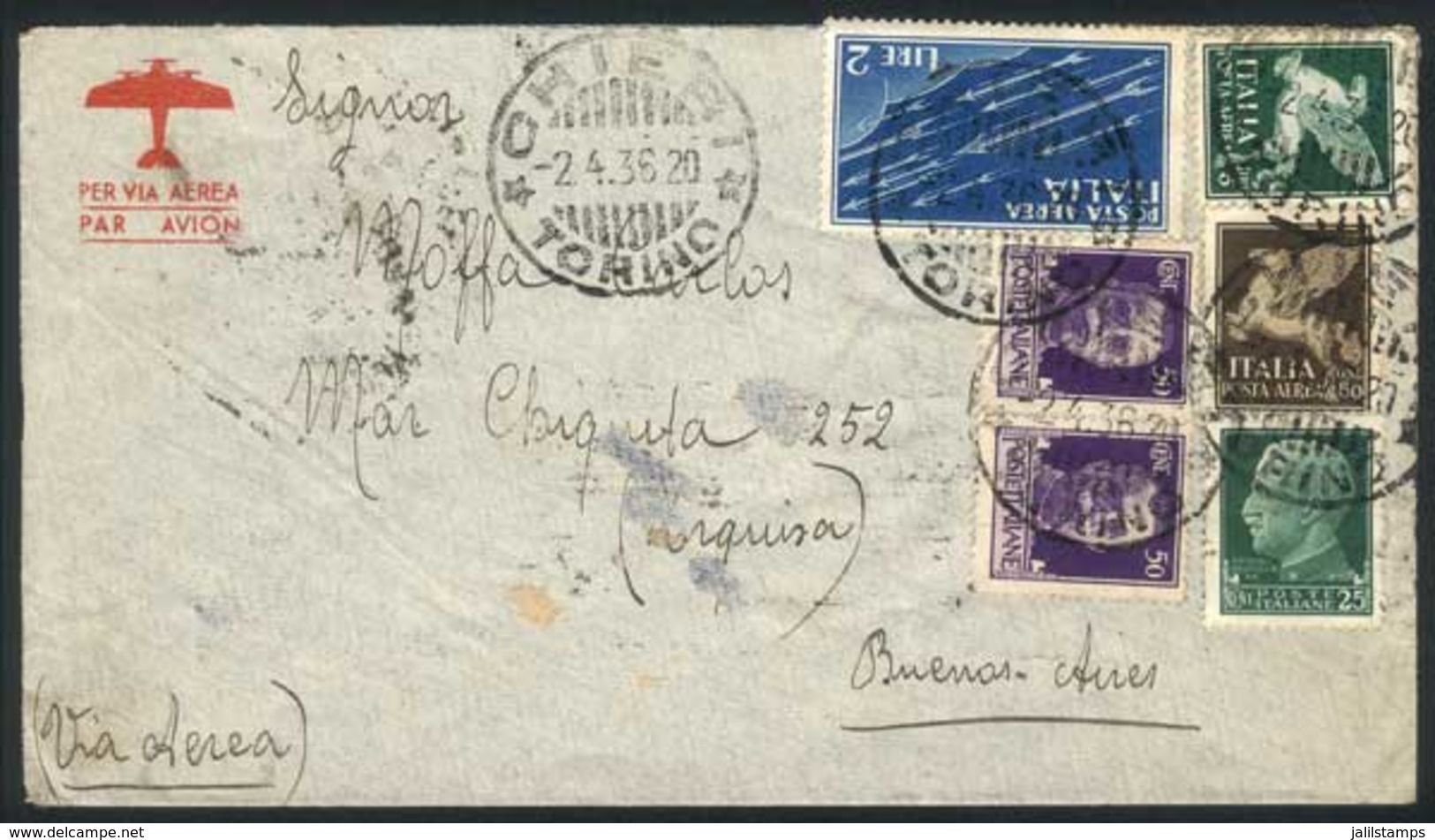 ITALY: Airmail Cover Sent From Chieri To Buenos Aires On 2/AP/1936, Franked With Interesting 8.75 Lire Postage, Very Col - Unclassified
