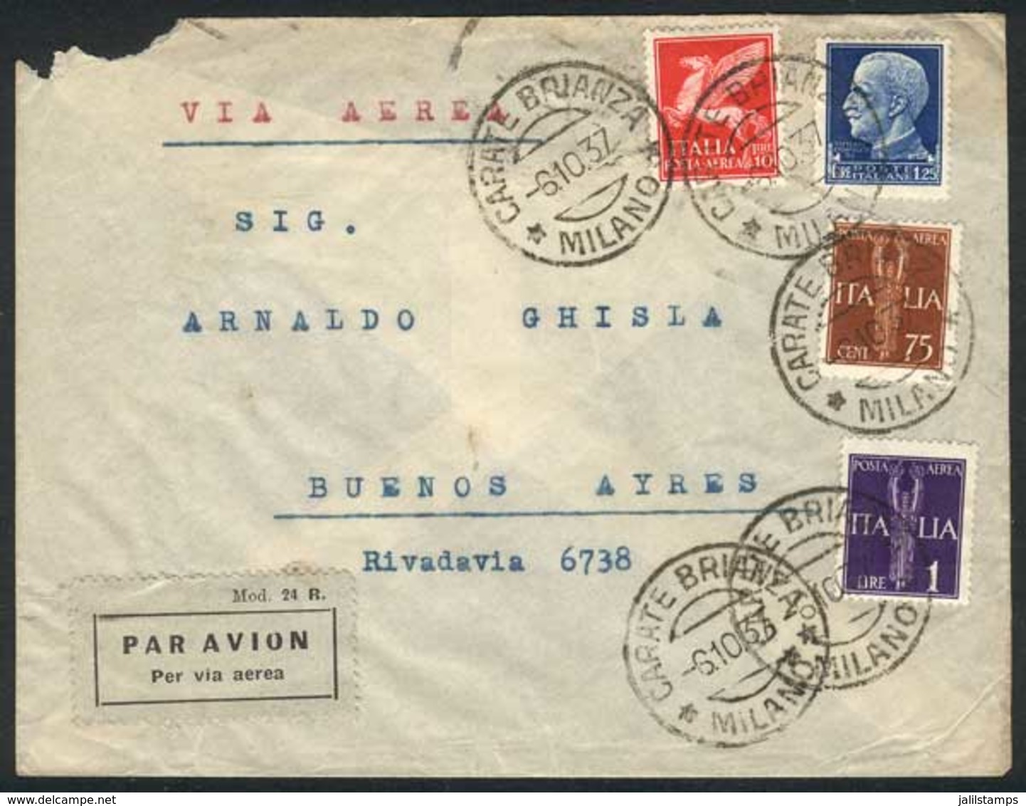 ITALY: Airmail Cover Sent From Carate Brianza To Buenos Aires On 6/OC/1937, Franked With Interesting 13 Lire Postage, Ve - Non Classés