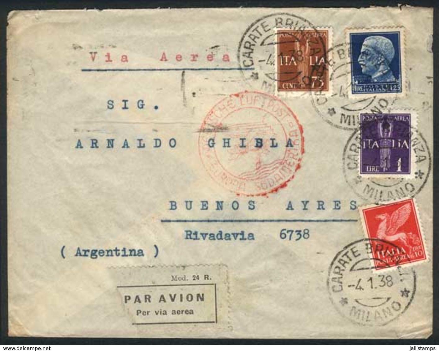 ITALY: Airmail Cover Sent From Carate Brianza To Buenos Aires On 4/JA/1938, Franked With Interesting 13 Lire Postage, Ve - Non Classés