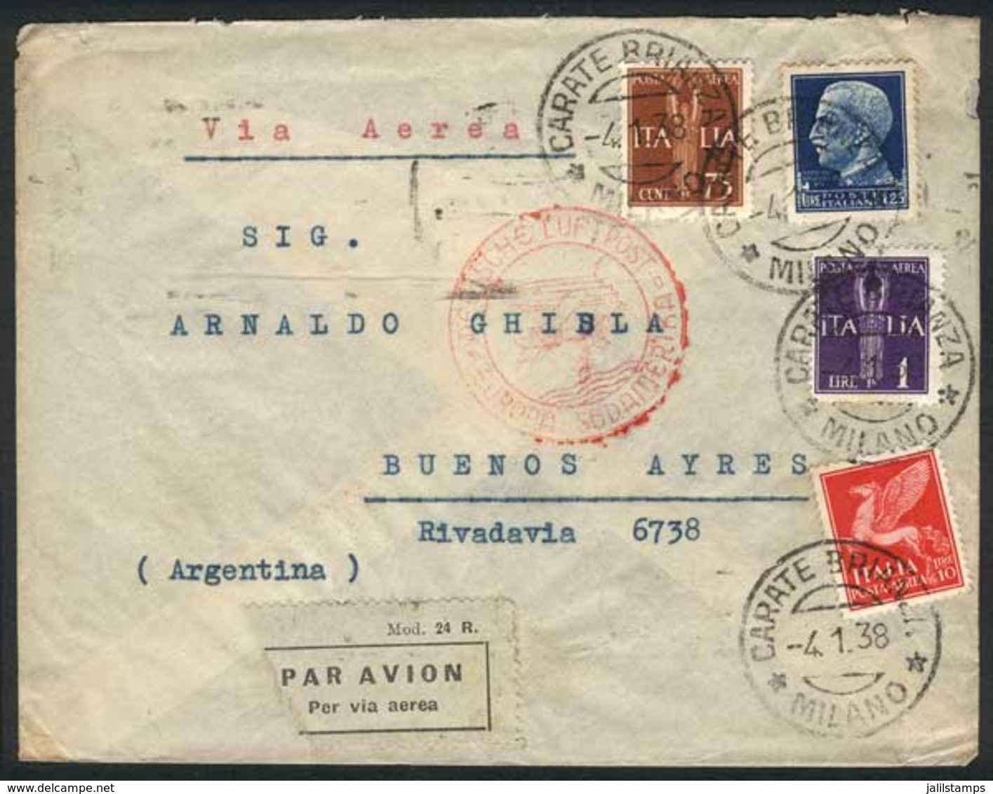 ITALY: Airmail Cover Sent From Carate Brianza To Buenos Aires On 4/JA/1938, Franked With Interesting 13 Lire Postage, Ve - Unclassified