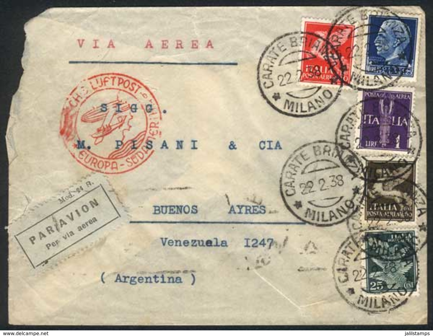 ITALY: Airmail Cover Sent From Carate Brianza To Buenos Aires On 22/FE/1938, Franked With Interesting 13 Lire Postage, V - Unclassified