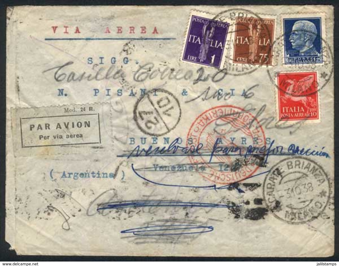 ITALY: Airmail Cover Sent From Carate Brianza To Buenos Aires On 10/MAR/1938, Franked With Interesting 13 Lire Postage,  - Unclassified