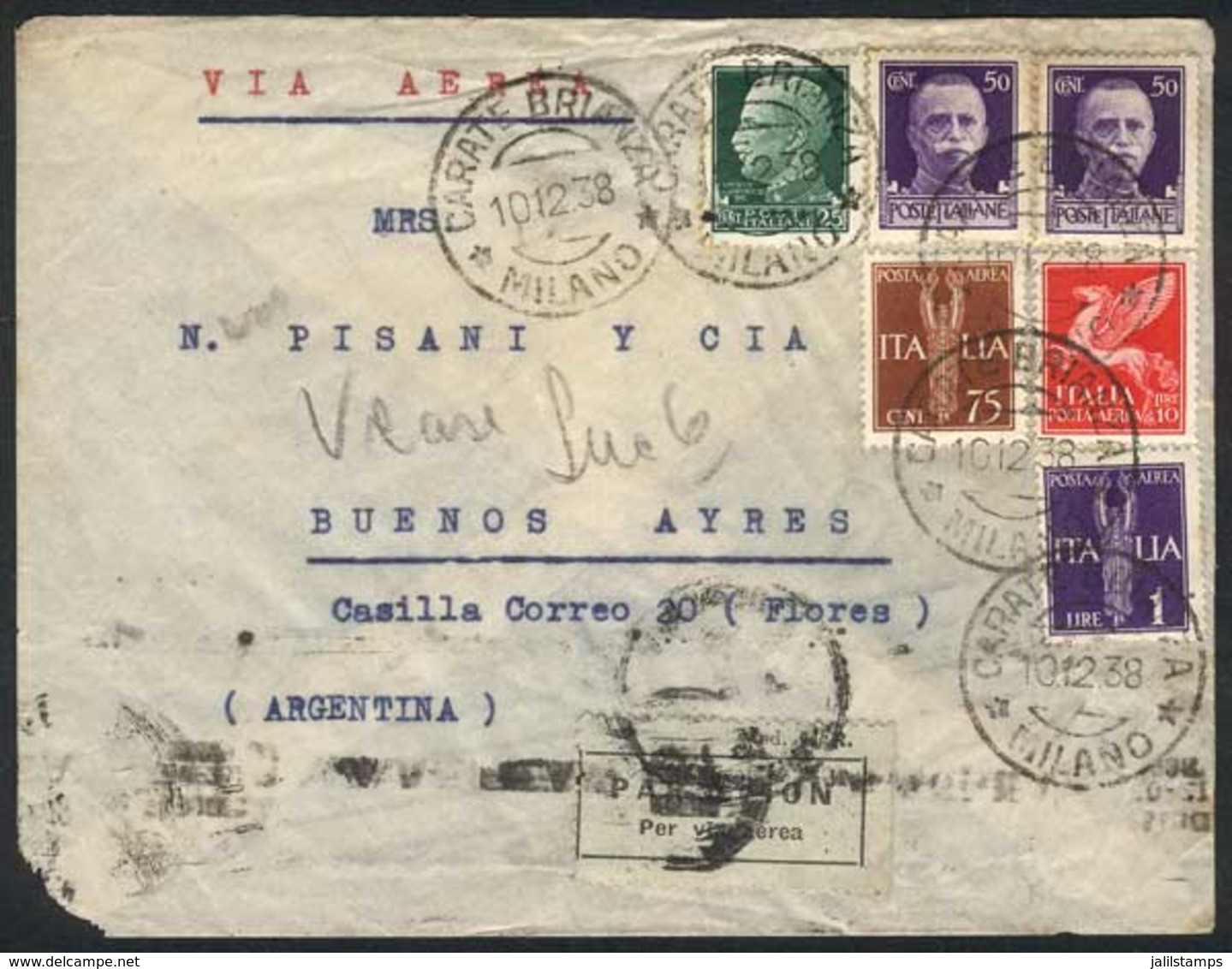 ITALY: Airmail Cover Sent From Carate Brianza To Buenos Aires On 10/12/1938, With Interesting Postage Of 13 Lire, Very C - Unclassified