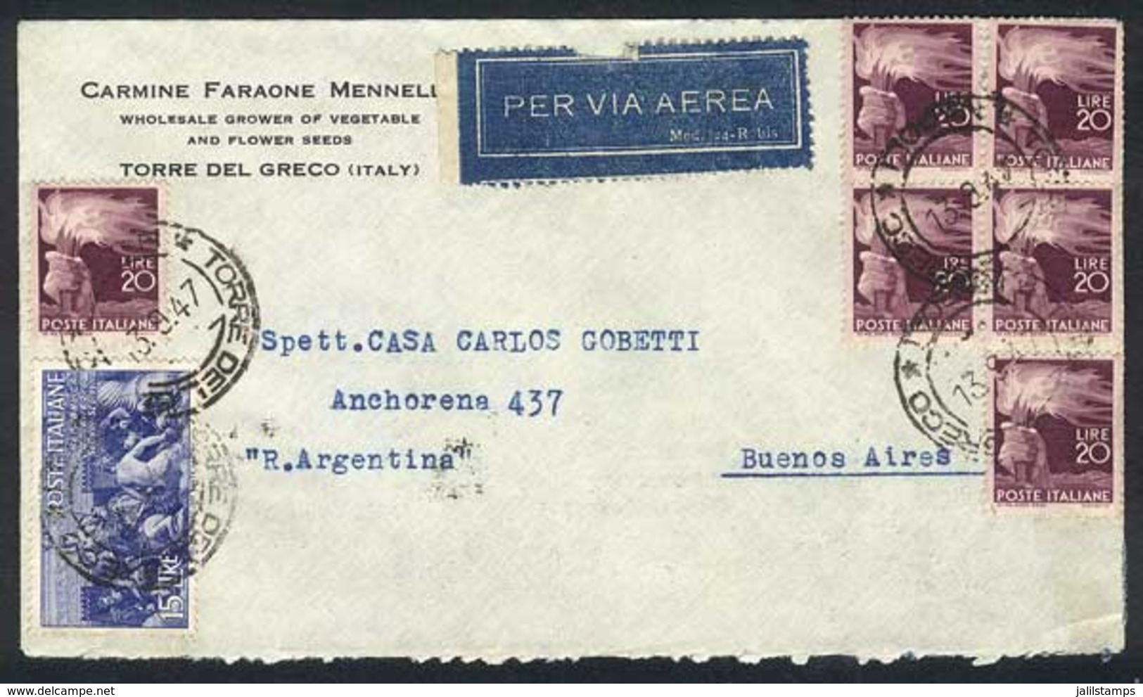 ITALY: Air Mail Cover Sent From Torre Del Greco To Argentina On 13/SE/1947 With Interesting 135L. Postage, Excellent Qua - Unclassified