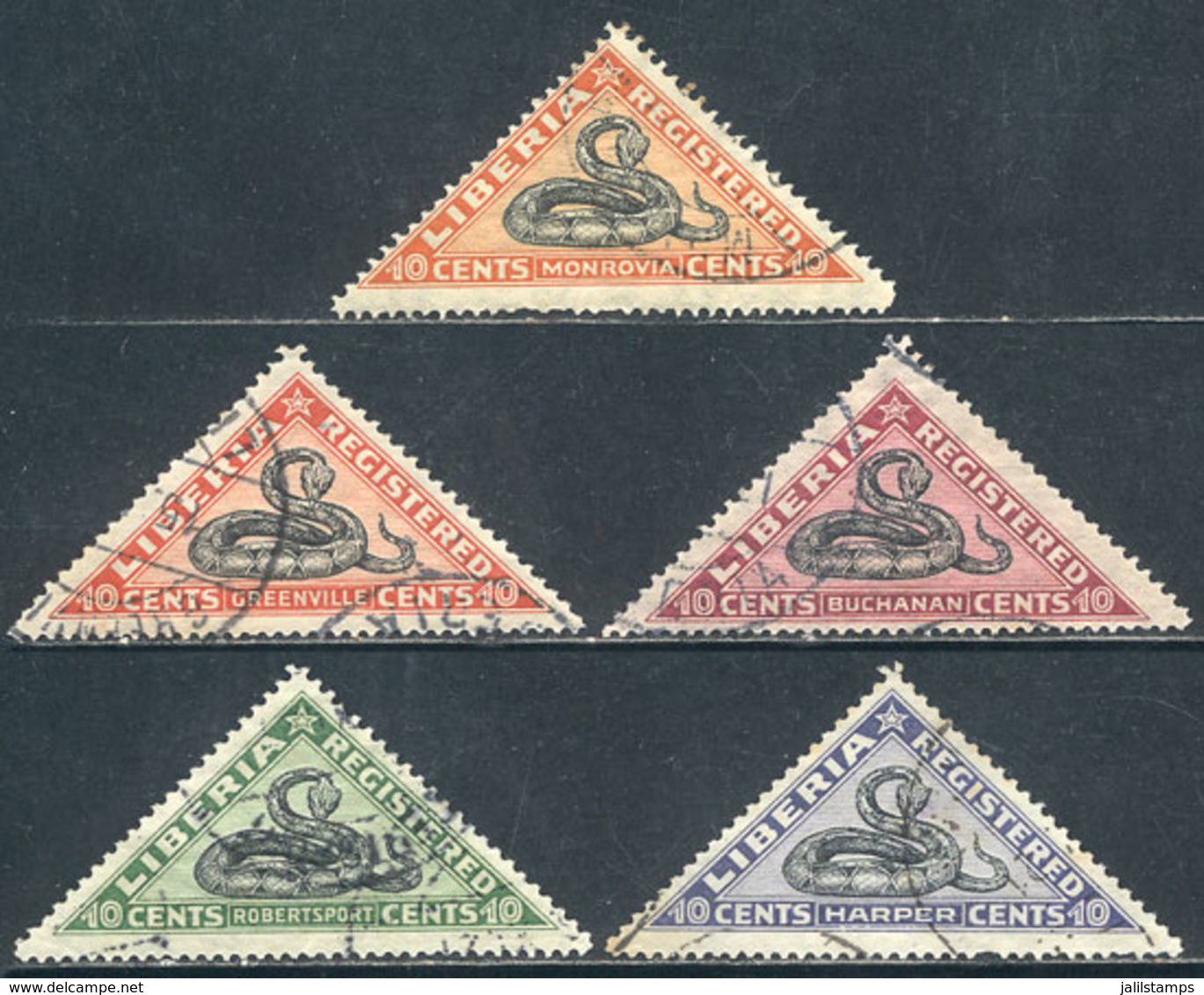 LIBERIA: Yvert 25/29, 1921 Snakes, Complete Set Of 5 Values, Used, VF Quality, Catalgo Value Euros 37+ - Liberia