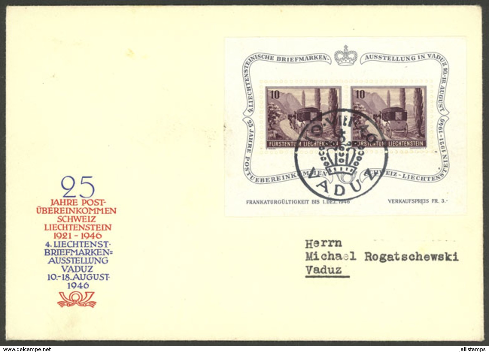 LIECHTENSTEIN: Yvert 7, 1946 Vaduz Exhibition On FDC Cover, VF Quality! - Other & Unclassified