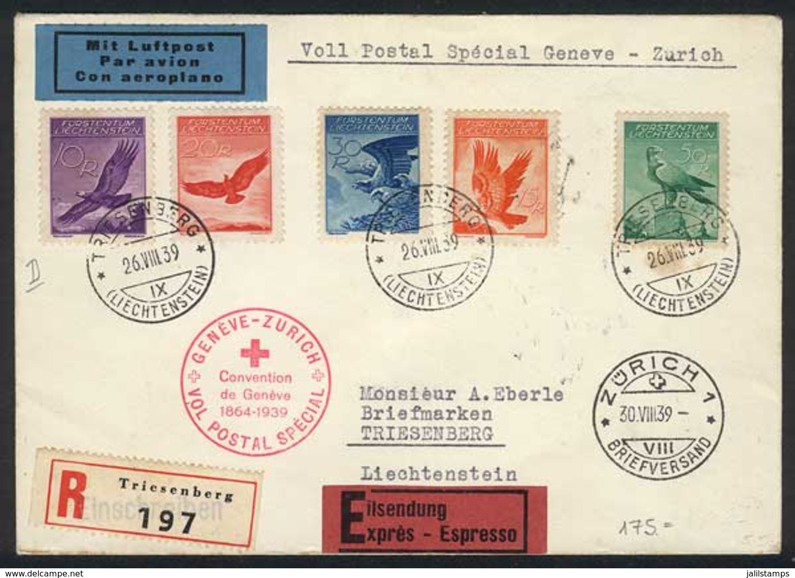 LIECHTENSTEIN: Cover Franked By Sc.C9a/C12a (value As Used US$232), Carried In The Special Flight Between Geneve And Zür - Other & Unclassified