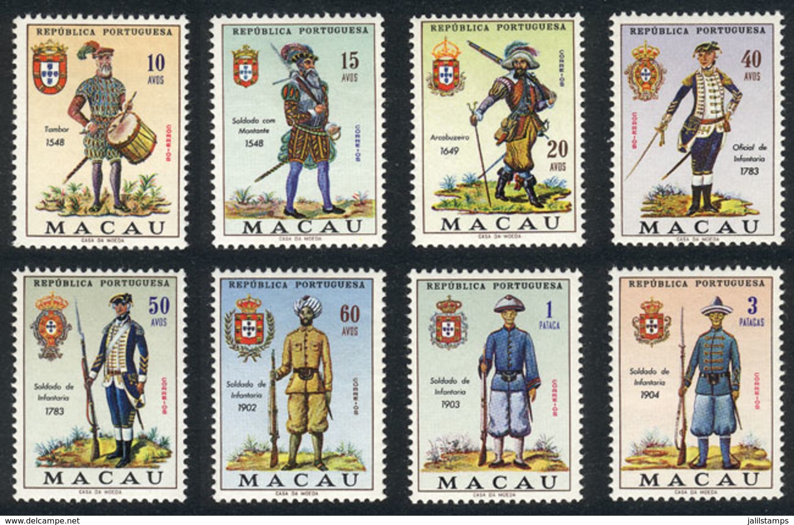 MACAU: Sc.404/411, Military Uniforms, Complete Set Of 8 Unmounted Values, Excellent Quality! - Other & Unclassified