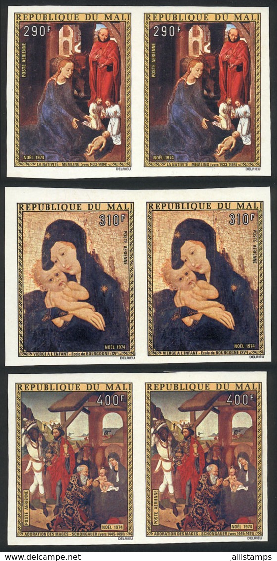 MALI: Yvert 230/232, 1974 Christmas, Paintings, The Set Of 3 Values In IMPERFORATE PAIRS, MNH, Excellent Quality! - Mali (1959-...)