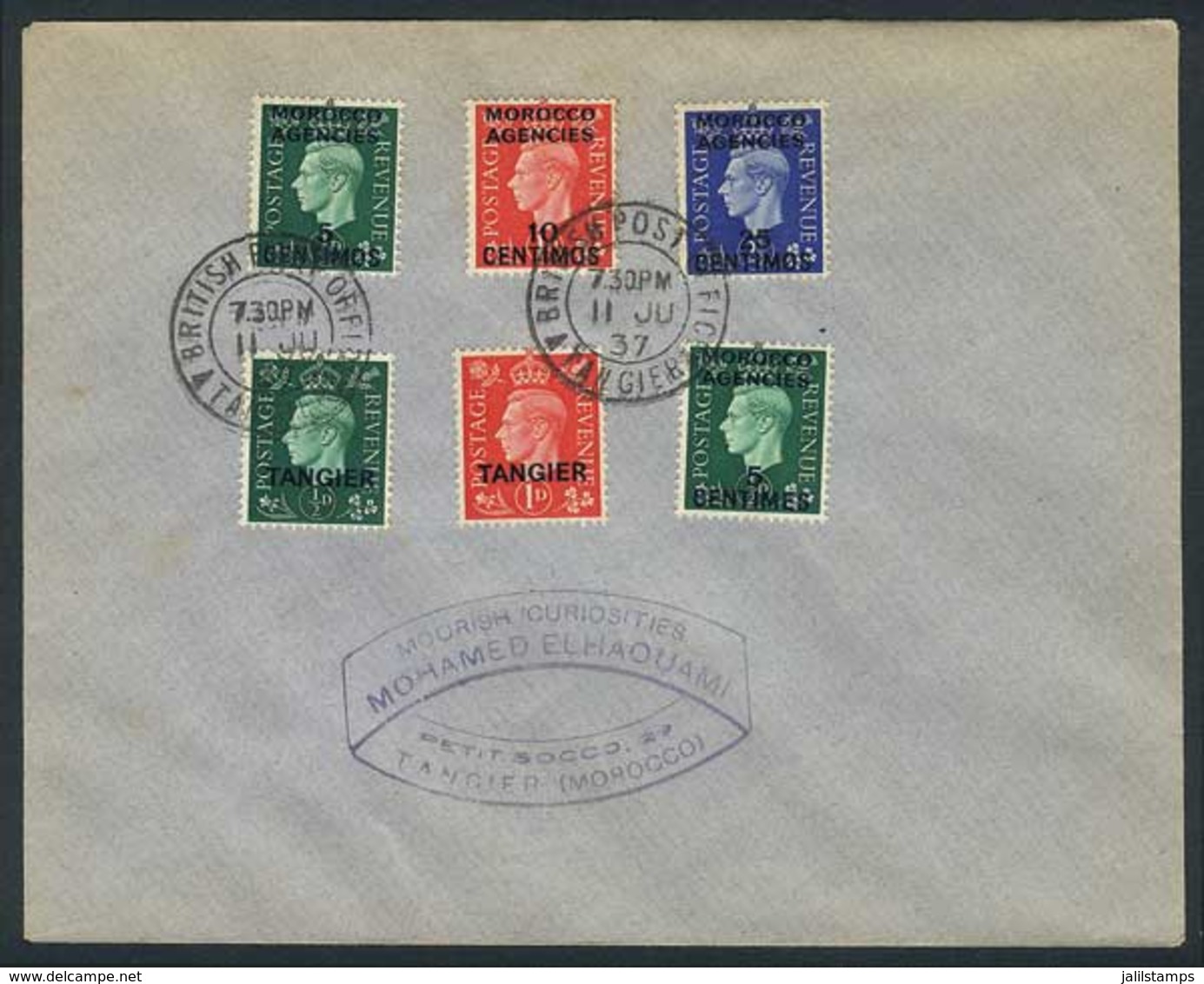 BRITISH MOROCCO: Cover Franked With 6 Overprinted Stamps, Postmarked "BRITISH POST OFFICE - TANGIER - 11/JU/1937", VF Qu - Morocco Agencies / Tangier (...-1958)