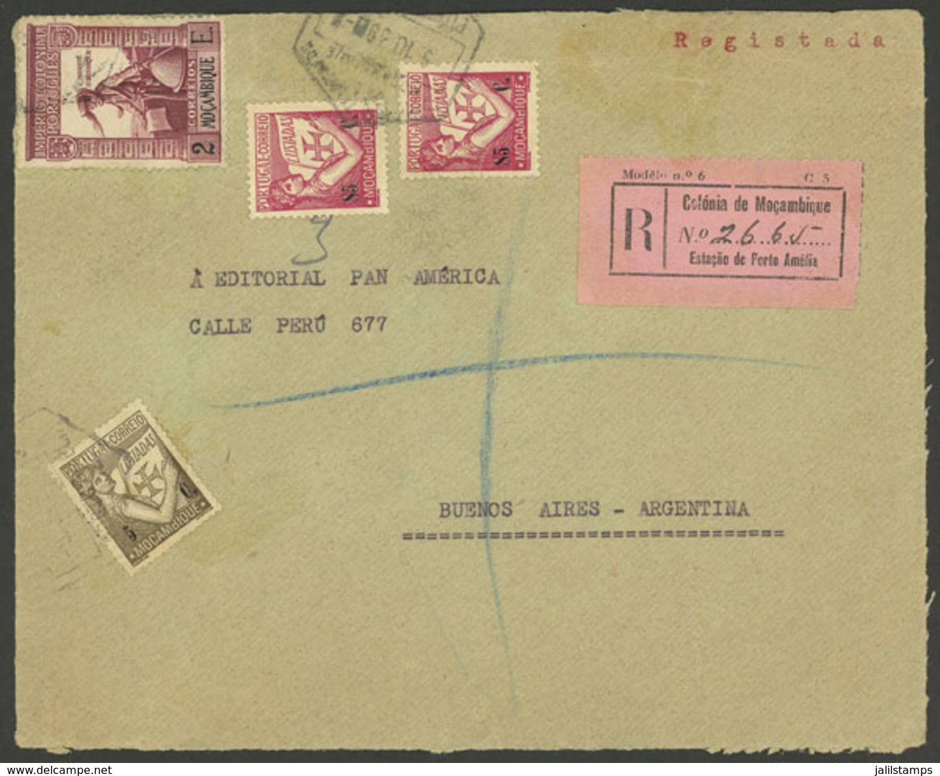 MOZAMBIQUE: Registered Cover Front Sent From Estaçao De Porto Amelia To Argentina On 3/OC/1939, Unusual Destination! - Mosambik