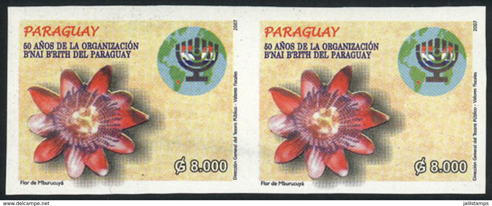 PARAGUAY: Sc.2824, 2007 Orchid, Map, Judaica, IMPERFORATE PAIR, Excellent Quality! - Paraguay