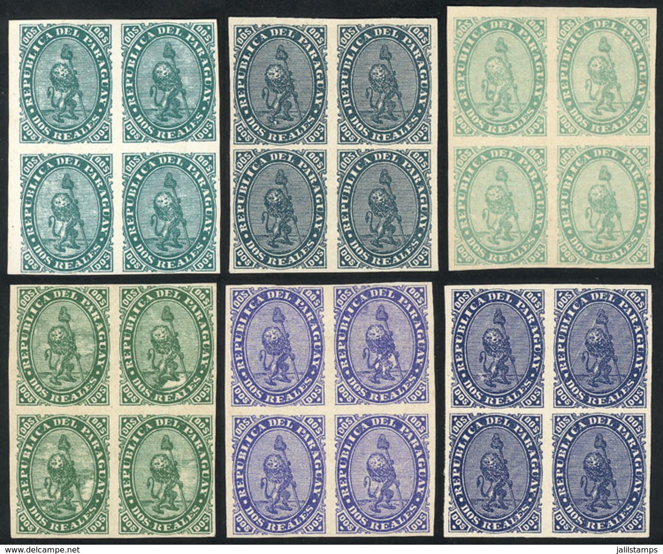 PARAGUAY: Sc.2, 1870 Lion 2R., REPRINTS: 6 Blocks Of 4 In Different Colors, Excellent Quality! - Paraguay