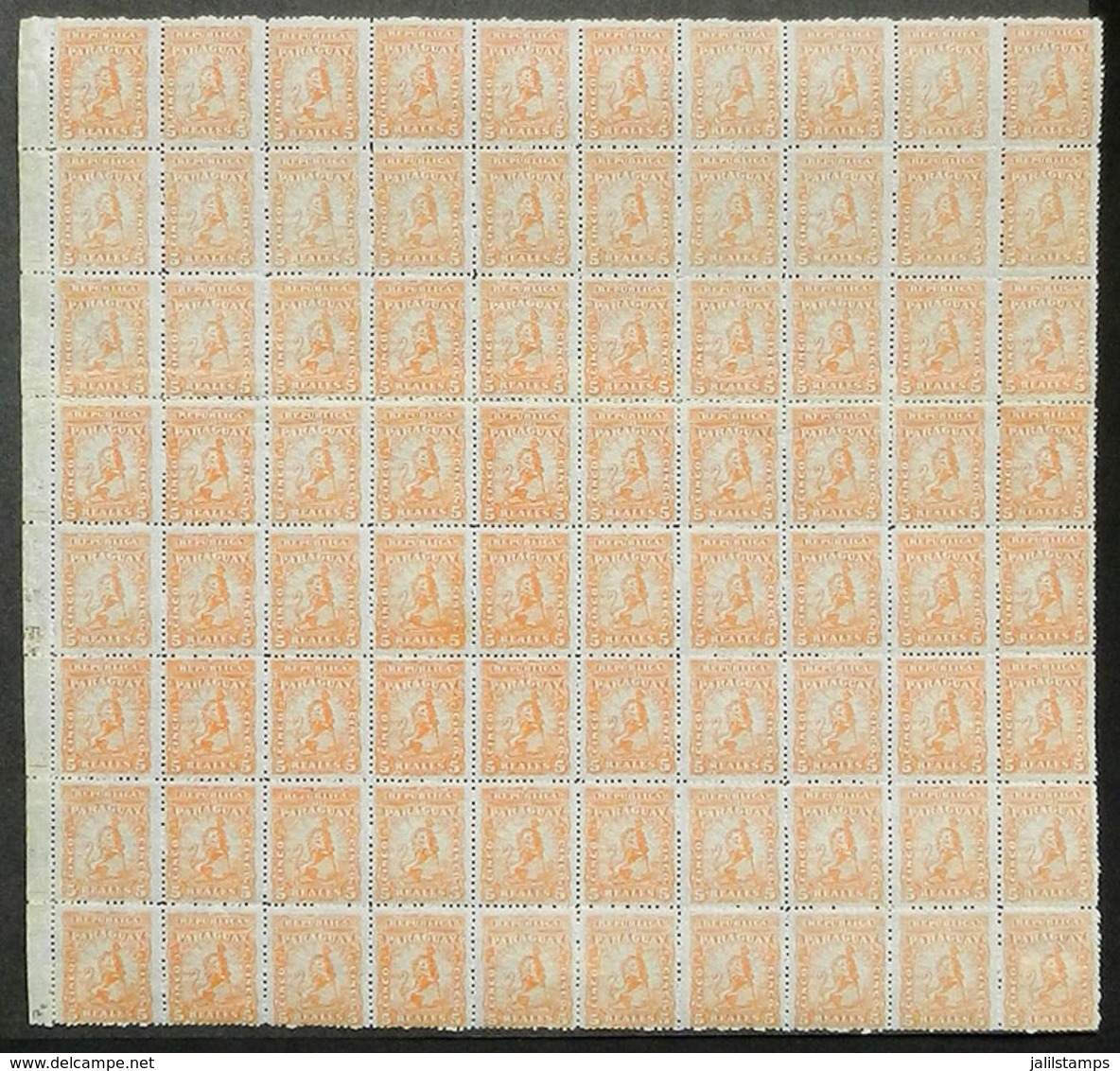 PARAGUAY: Sc.12, 1879/81 Lion 5R. Orange, Large Block Of 80 Stamps, MNH (about 20 With Hinges Reinforcing The Perforatio - Paraguay