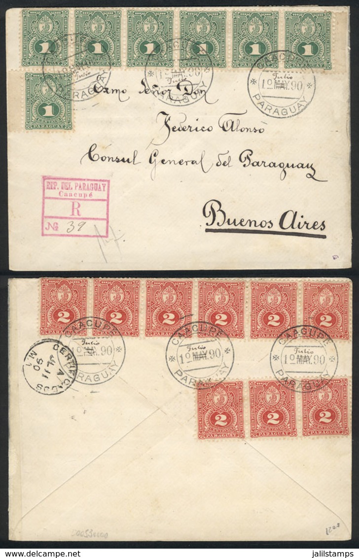 PARAGUAY: 1/JUL/1890 CAACUPÉ - Buenos Aires: Registered Cover Franked With Sc.23 (strip Of 6 + 1) + 24 (strips Of 3 And  - Paraguay