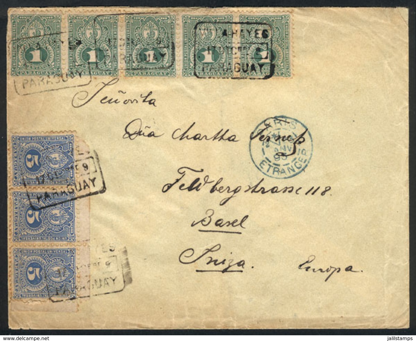 PARAGUAY: 17/DE/1892 VILLA HAYES - Basel (Switzerland): Cover Franked With Sc.23 Strip Of 5 + Sc.25 Strip Of 3 With Seve - Paraguay