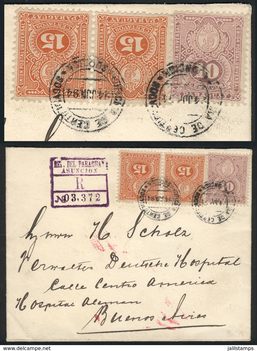 PARAGUAY: 24/JUN/1894 Asunción - Buenos Aires: Registered Cover Franked With Sc.27 + 28 Pair (total Postage 40c.), With  - Paraguay