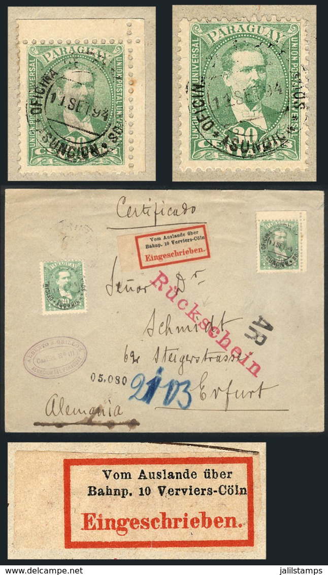 PARAGUAY: 11/SE/1894 Asunción - Germany: Registered Cover With AR Franked With Sc.41 X2 (total Postage 60c.), Several Ma - Paraguay