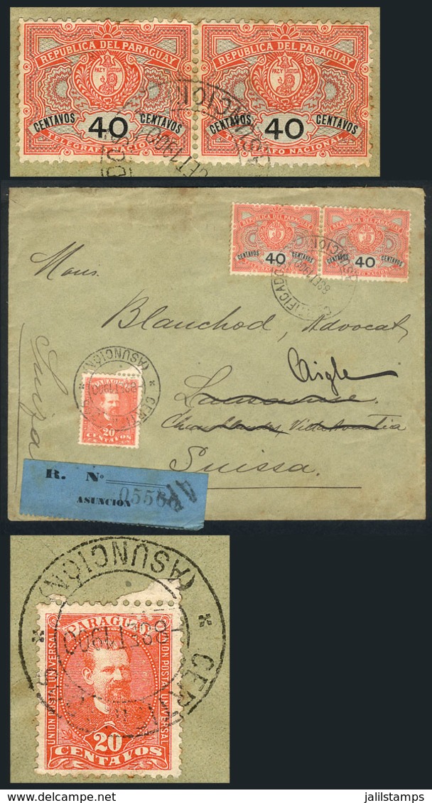 PARAGUAY: 8/SEP/1900 Asunción - Switzerland: Registered Cover Franked With Sc.40 + Pair Of TELEGRAPH Stamps Of 40c. (tot - Paraguay