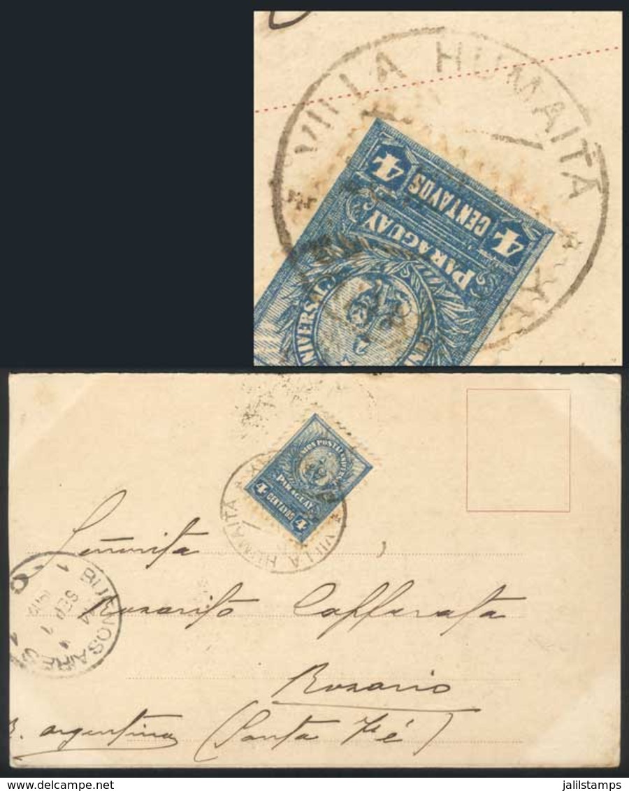 PARAGUAY: Postcard (Corrientes, Cabral Square & Church) Franked With 4c. And Cancelled By The Rare VILLA HUMAITÁ Pmk For - Paraguay