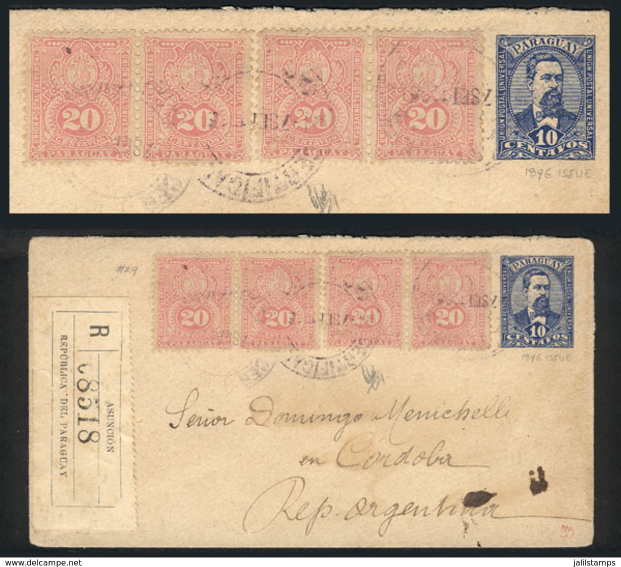 PARAGUAY: 7/SE/1903 Asunción - Córdoba (Argentina): Registered Stationery Envelope Of 10c. + Sc.29 Strip Of 4 (total Pos - Paraguay