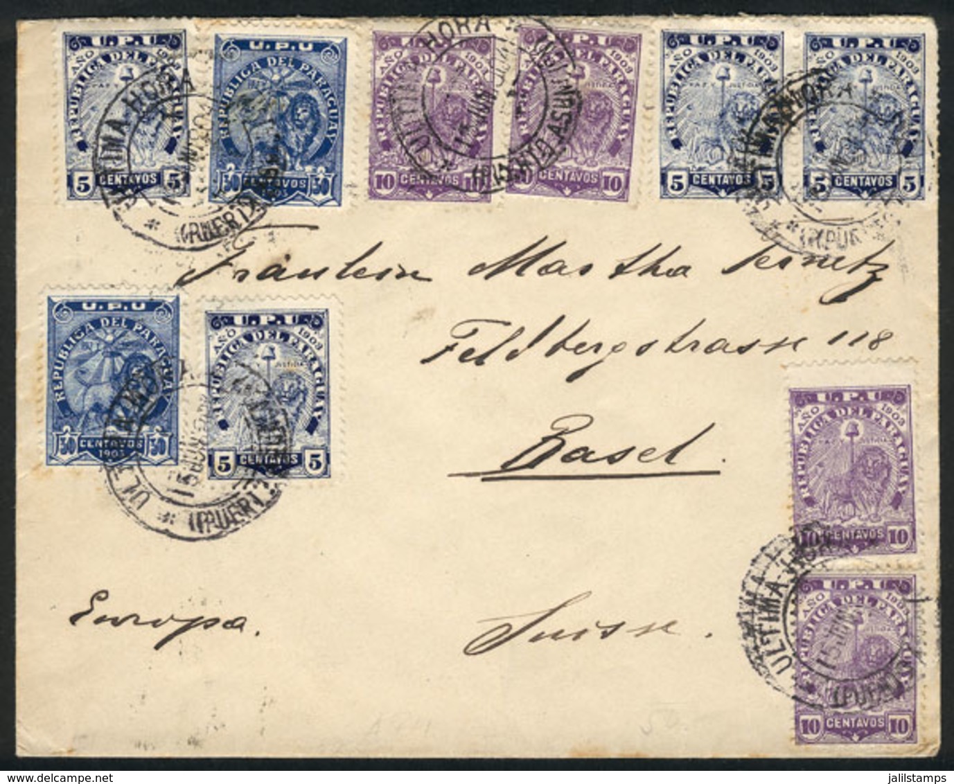 PARAGUAY: 15/JUN/1904 Asunción - Basel (Switzerland): Cover Franked With 1.20P. (Sc. 82 X2 + 86 X4 + 87 X4) With Double  - Paraguay