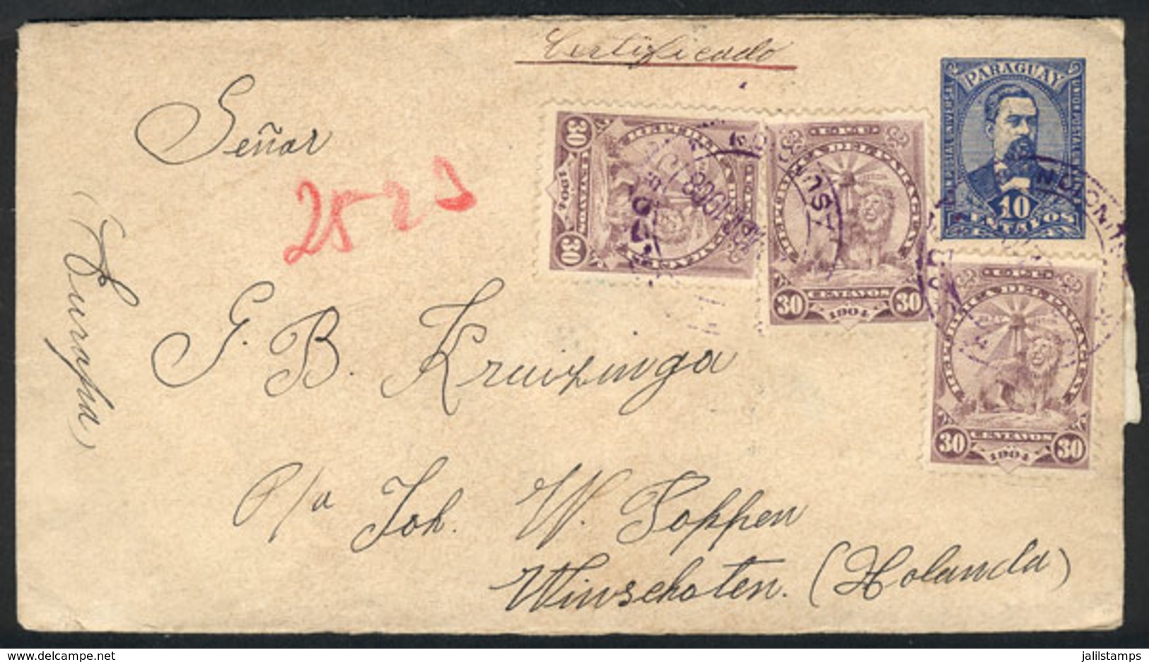 PARAGUAY: 2/AP/1908 Asunción - Winschoten (Netherlands): 10c. Stationery Envelope + Sc.108 X3 (total Postage 1P.), By Re - Paraguay