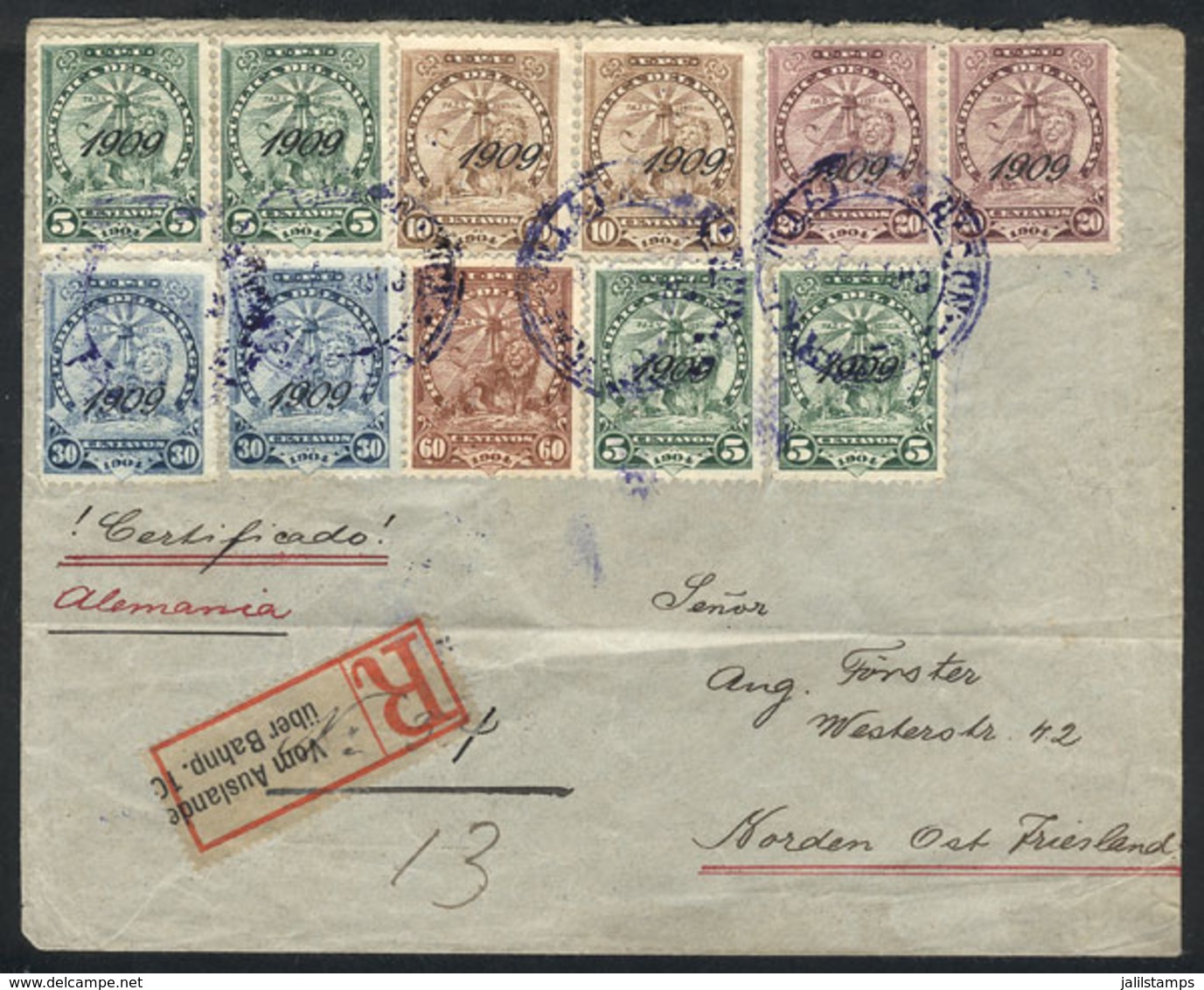 PARAGUAY: 5/JA/1910 Asunción - Germany: Registered Cover Franked With 2P. (combining Sc.109 + Provisionals Of 1909), Arr - Paraguay