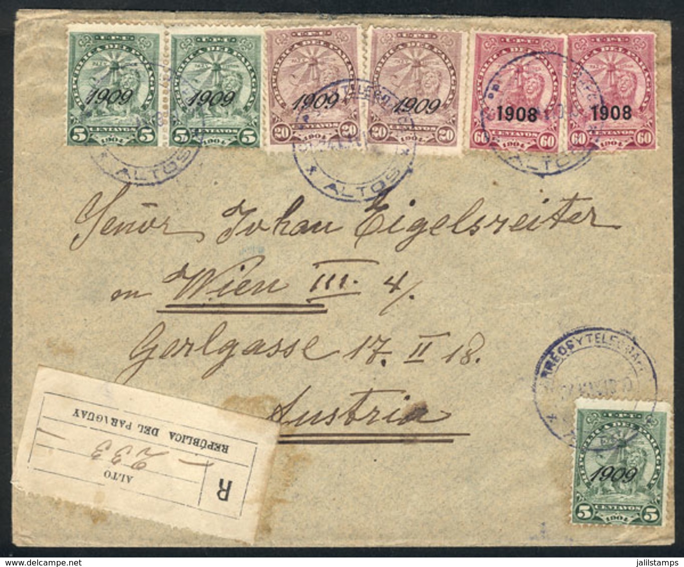 PARAGUAY: 24/MAY/1910 ALTO - Wien (Austria): Registered Cover Franked With 1.75P. Combining Provisional Stamps Of 1908 A - Paraguay