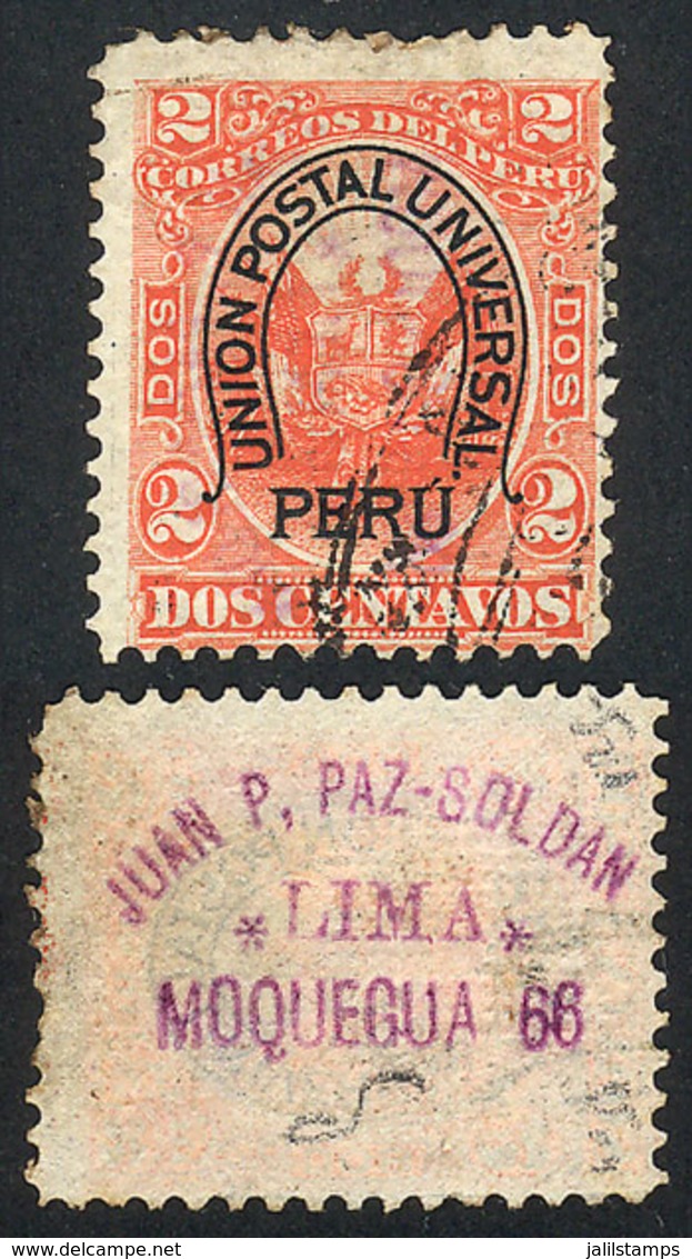 PERU: Sc.88, With Advertising Mark On Reverse Of Juan P. Paz-Soldan, A Stamp Dealer Of Lima At The Time, Very Interestin - Perú