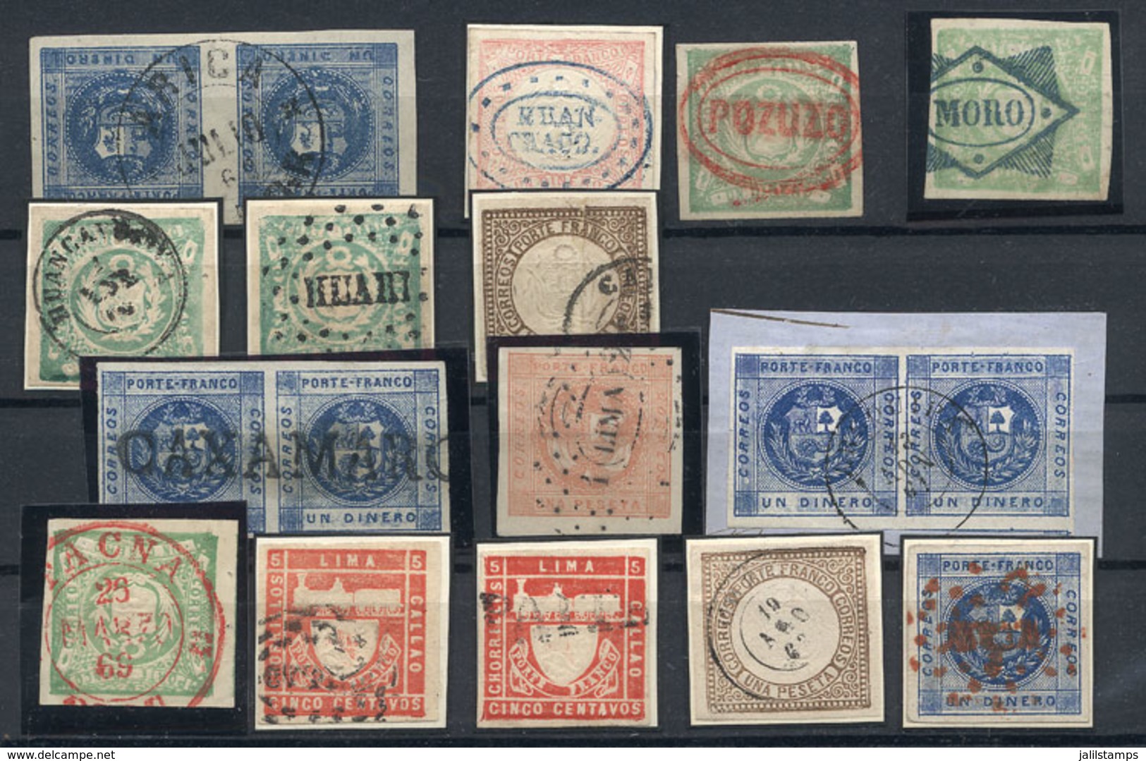 PERU: RARE CANCELS: Stockcard With 3 Pairs And 12 Classic Stamps, All With Rare And Scarce Cancels, For Example Of Arica - Peru