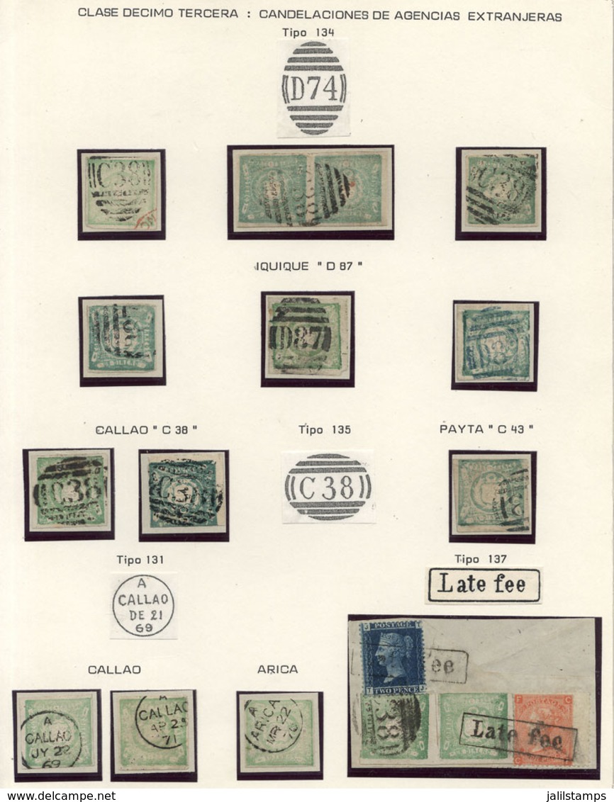 PERU: BRITISH CANCELS On Peru Stamps: One Page And A Half Of An Old Collection (ex-Bustamante) With Good Development Of  - Perù