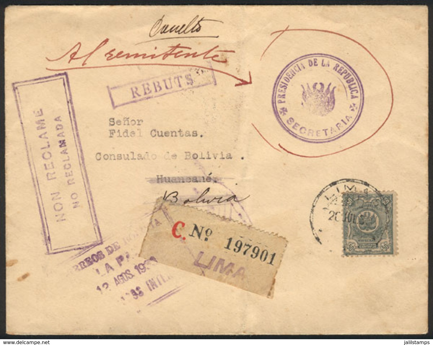 PERU: Registered Cover Franked By Sc.O30, From Lima To Huancané (Bolivia) On 20/JUL/1933 And Returned To Sender, VF Qual - Peru