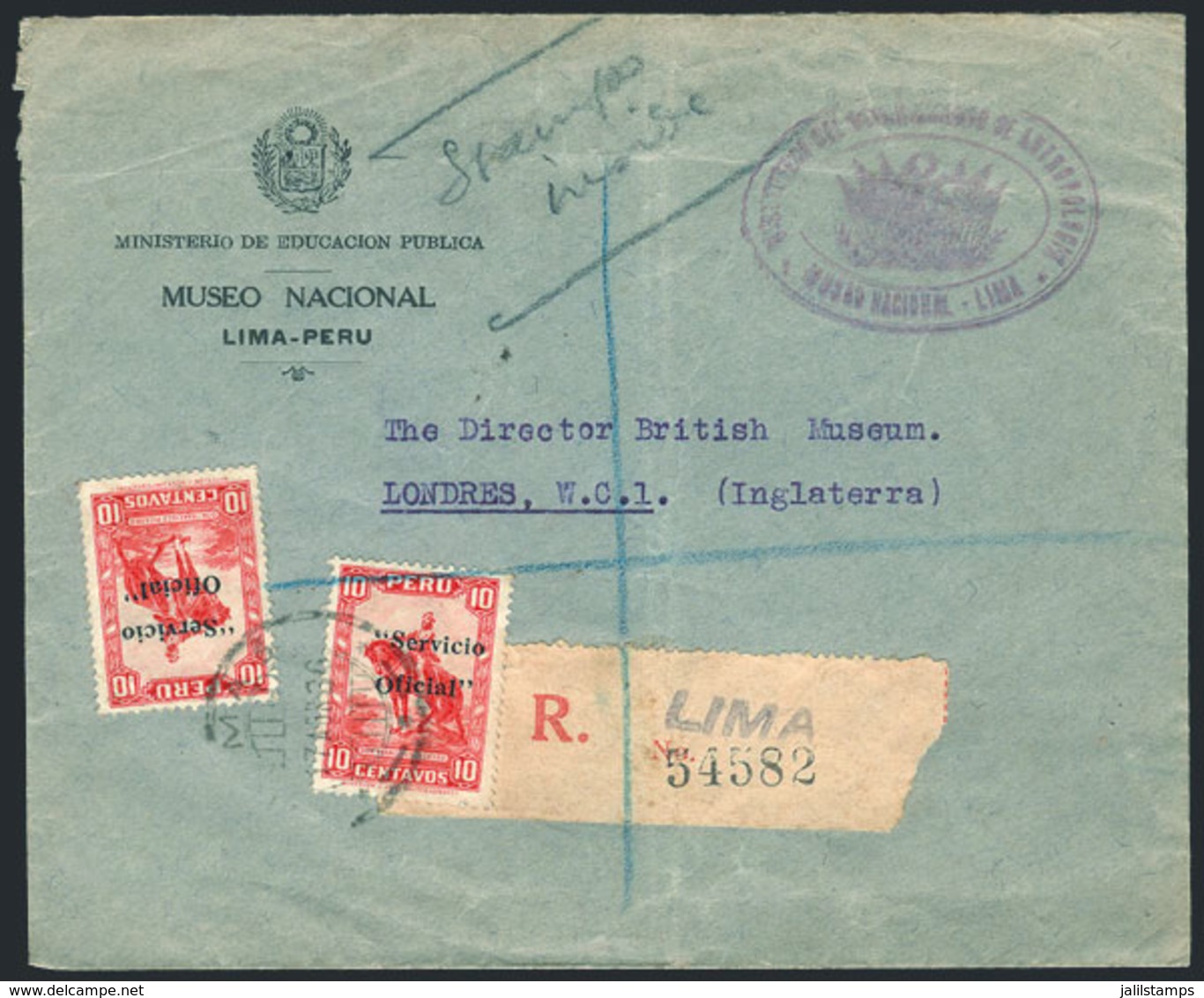 PERU: Registered Cover Franked By Sc.O32 X2, From Lima To England On 17/AU/1936, VF Quality, Rare! - Peru