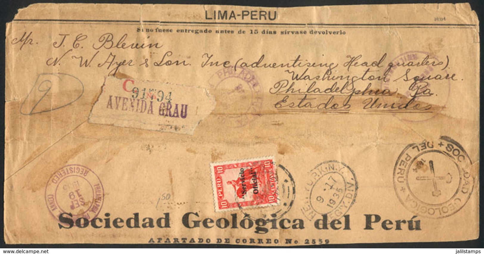 PERU: Front Of A Registered Cover Franked By Sc.O32, Sent From Lima To USA On 3/SE/1935, Fine Quality, Very Rare! - Peru