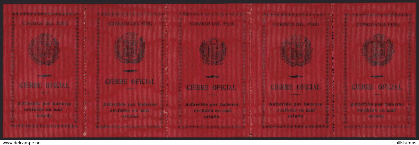 PERU: Official Seal Of Year 1924, Coat Of Arms With Laurel Branches, Sun With Face, On Bright Red Vertically Ribbed Pape - Peru